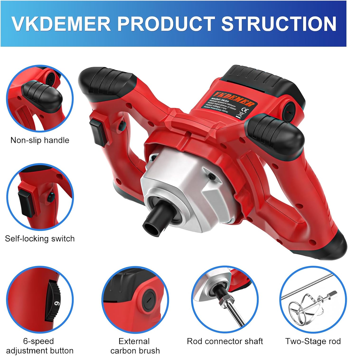 Electric Handheld Cement Mixer, 2pcs Mixing Heads Included, Portable Mortar Mixer with 6 Adjustable Speed, 110V Mud