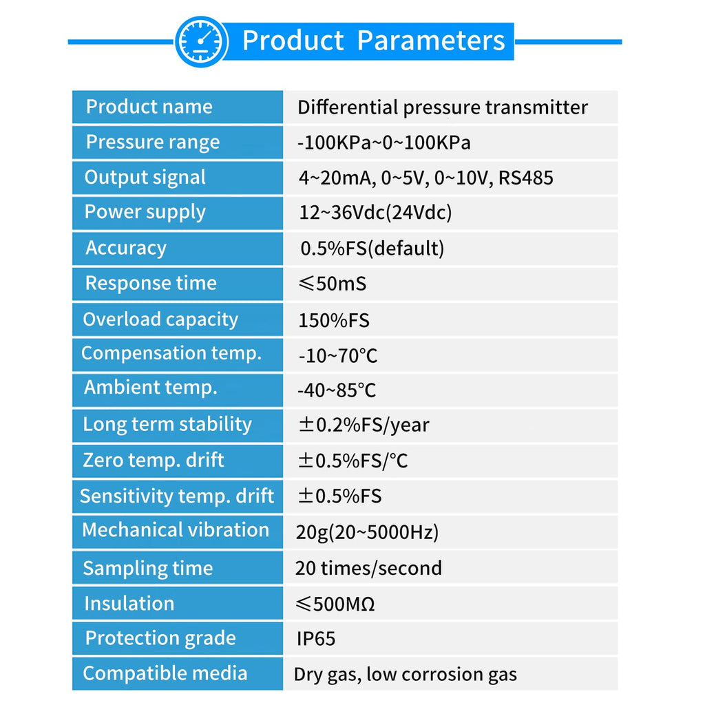 PoBaKra Air Differential Pressure Transmitters Dry Wind Difference Pressure Sensor 4-20mA Difference Pressure Gauges