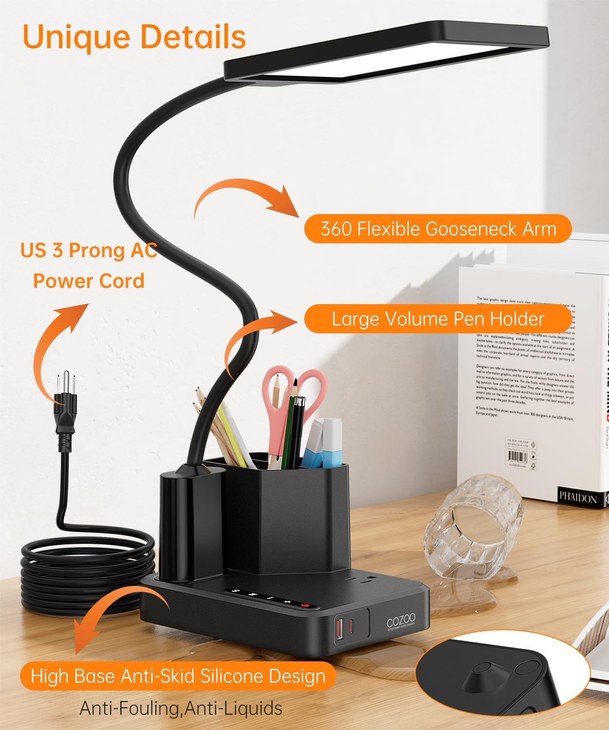 Desk Lamp, COZOO LED Desk Lamps for Home Office with USB Charging Port/Outlet/Organizer,Desk Lamp for College Dorm