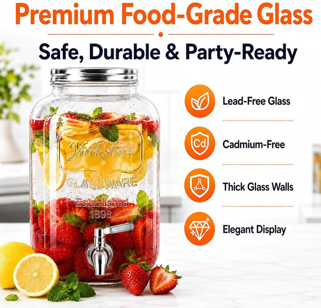 2 Gallon Glass Drink Dispensers for Parties with Stand, 2 Pack