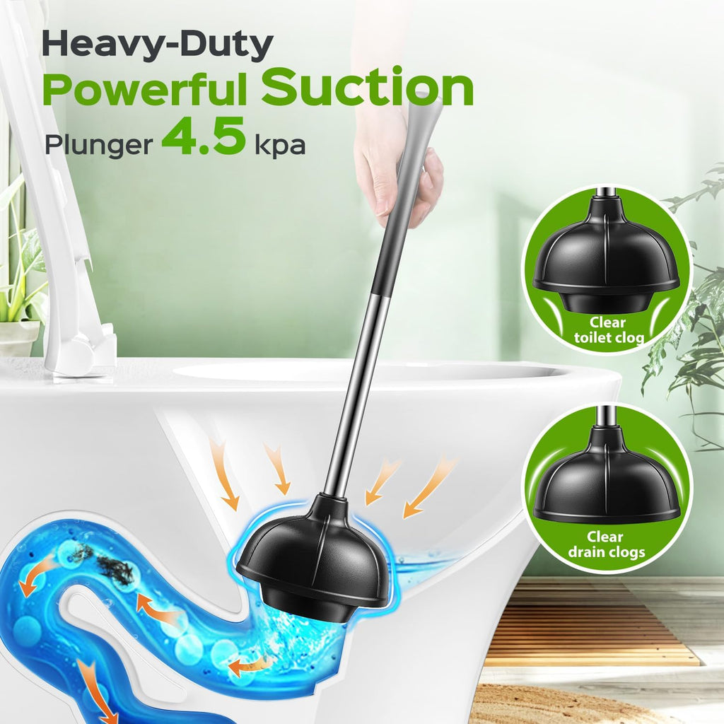 Toilet Plunger and Brush Set: Bathroom Powerful Cleaning Round Bristle Brush - Stainless Steel Heavy Duty Unclogging