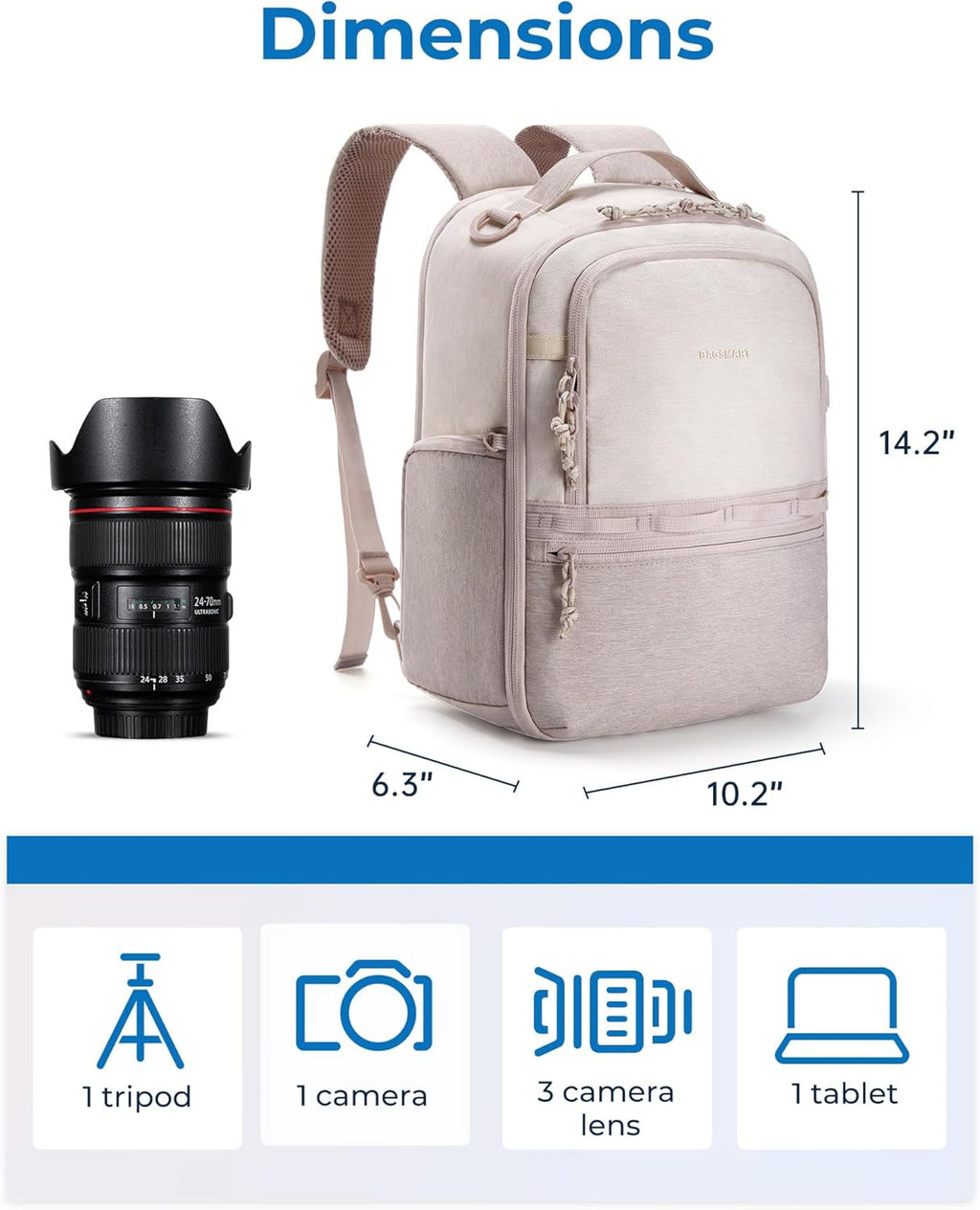 2 in 1 Small Camera Backpack for DSLR, Fits 12.9" iPad, Beige | Small SLR Camera Bags for Photographers with Shoulder