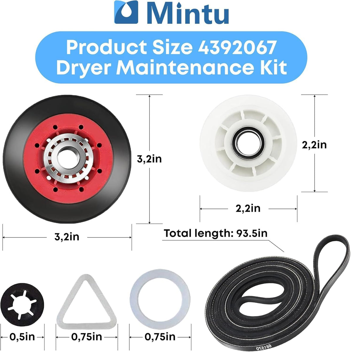Dryer Repair Kit Replacement For Kenmore 110.85091401 Elite Front Loader Dryer, Kenmore 90 Series - 110.60922990 11060922990 With Roller, Belt & Pulley Etc