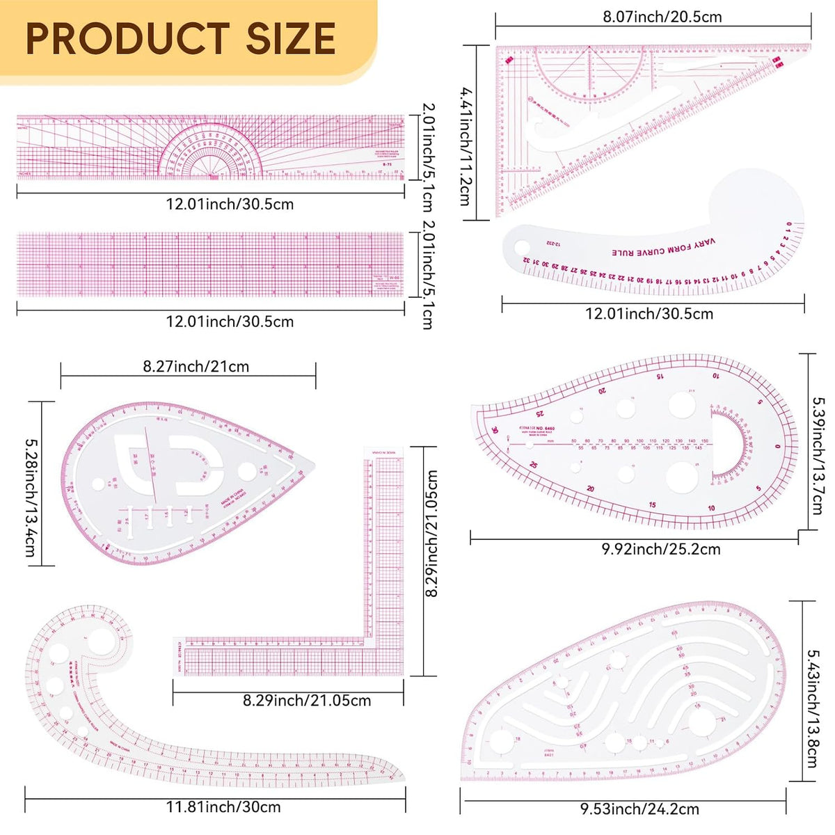Clear Metric Sewing Ruler Set, French Curve Pattern Ruler Kit