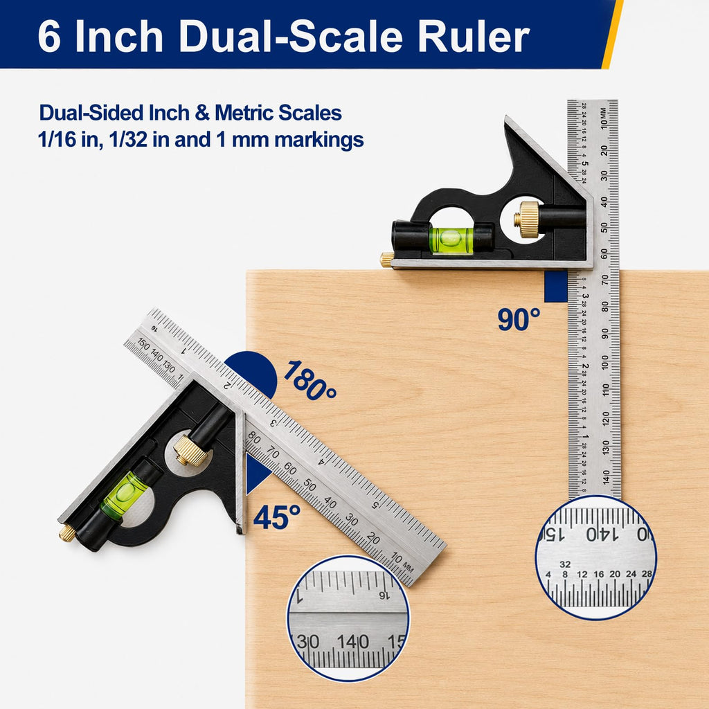 Combination Square 6 Inch, Adjustable Combo Square with Bubble Level