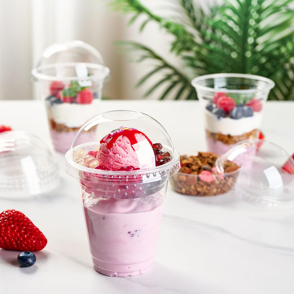 50 Sets 12 oz Disposable Plastic Parfait Cups with Insert & Dome lids