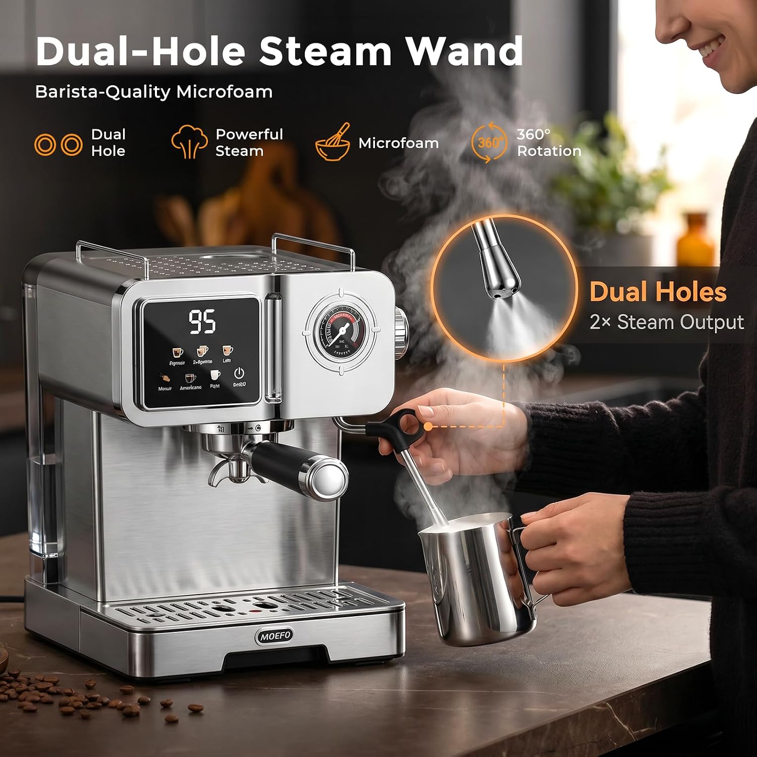 58mm Espresso Machine with Milk Frother, 20 Bar Semi-Automatic Coffee Maker, Visual Pressure Gauge & Touchscreen LCD