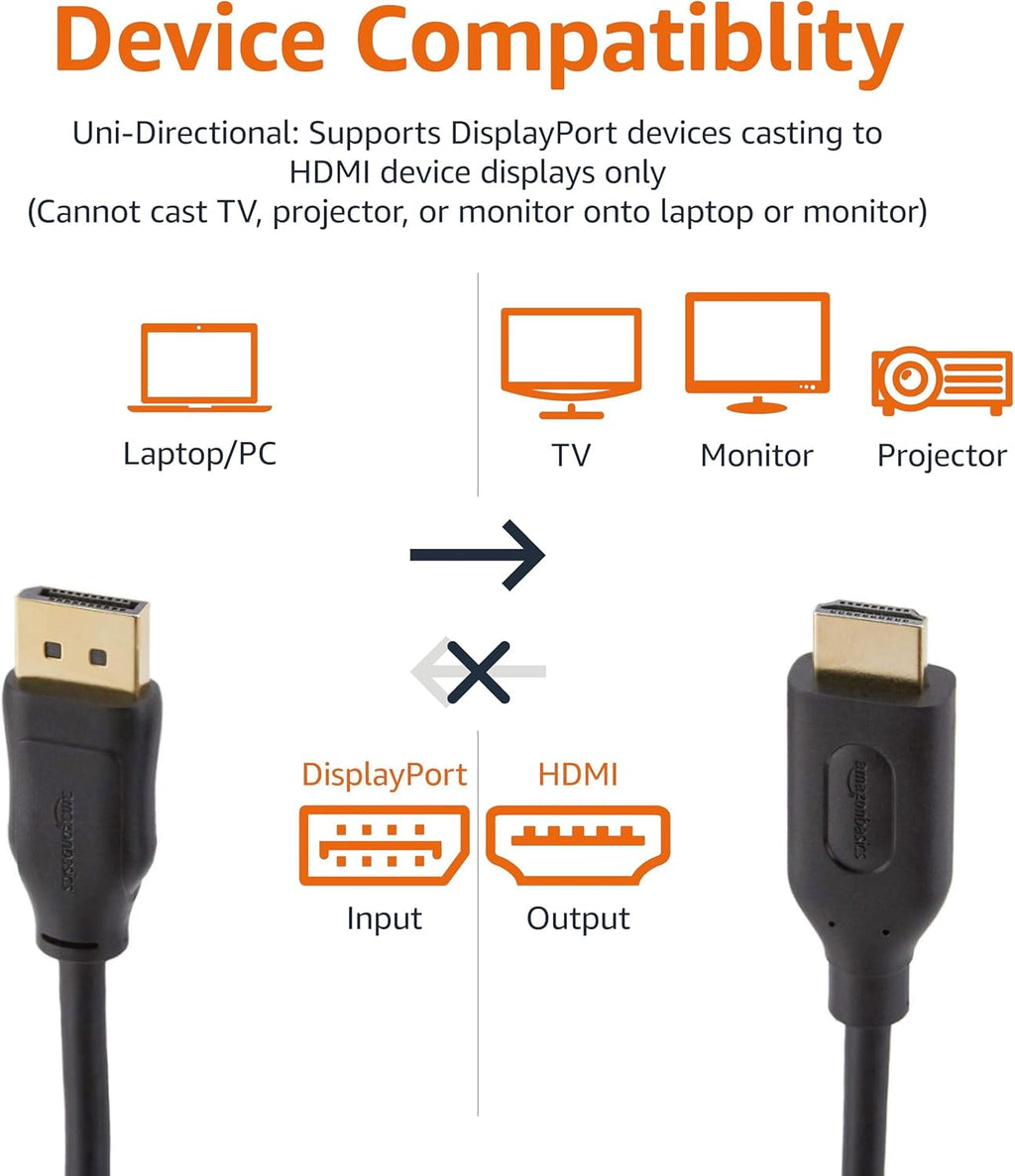 DisplayPort to HDMI Cable, Uni-Directional, 4K@30Hz, 1920x1200, 1080p, Gold-Plated Connectors for Enhanced Picture