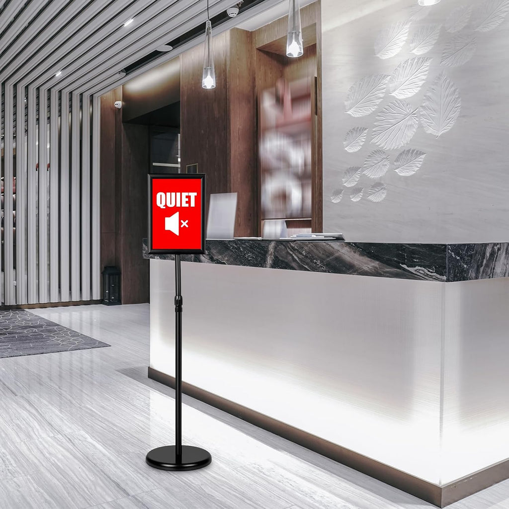 Adjustable Sign Holder Floor Stand, 8.5x11 Inch Poster Display With Heavy Duty Pedestal Aluminum Snap Open Frame for