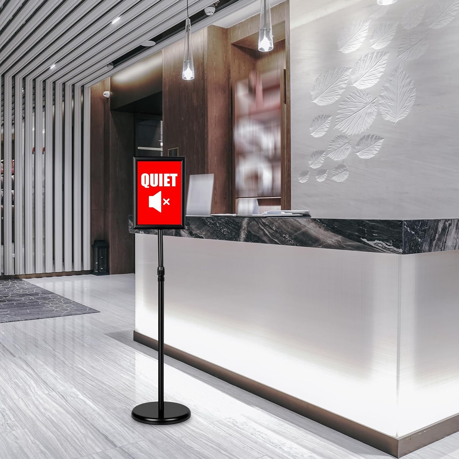 Adjustable Sign Holder Floor Stand, 8.5x11 Inch Poster Display With Heavy Duty Pedestal Aluminum Snap Open Frame for