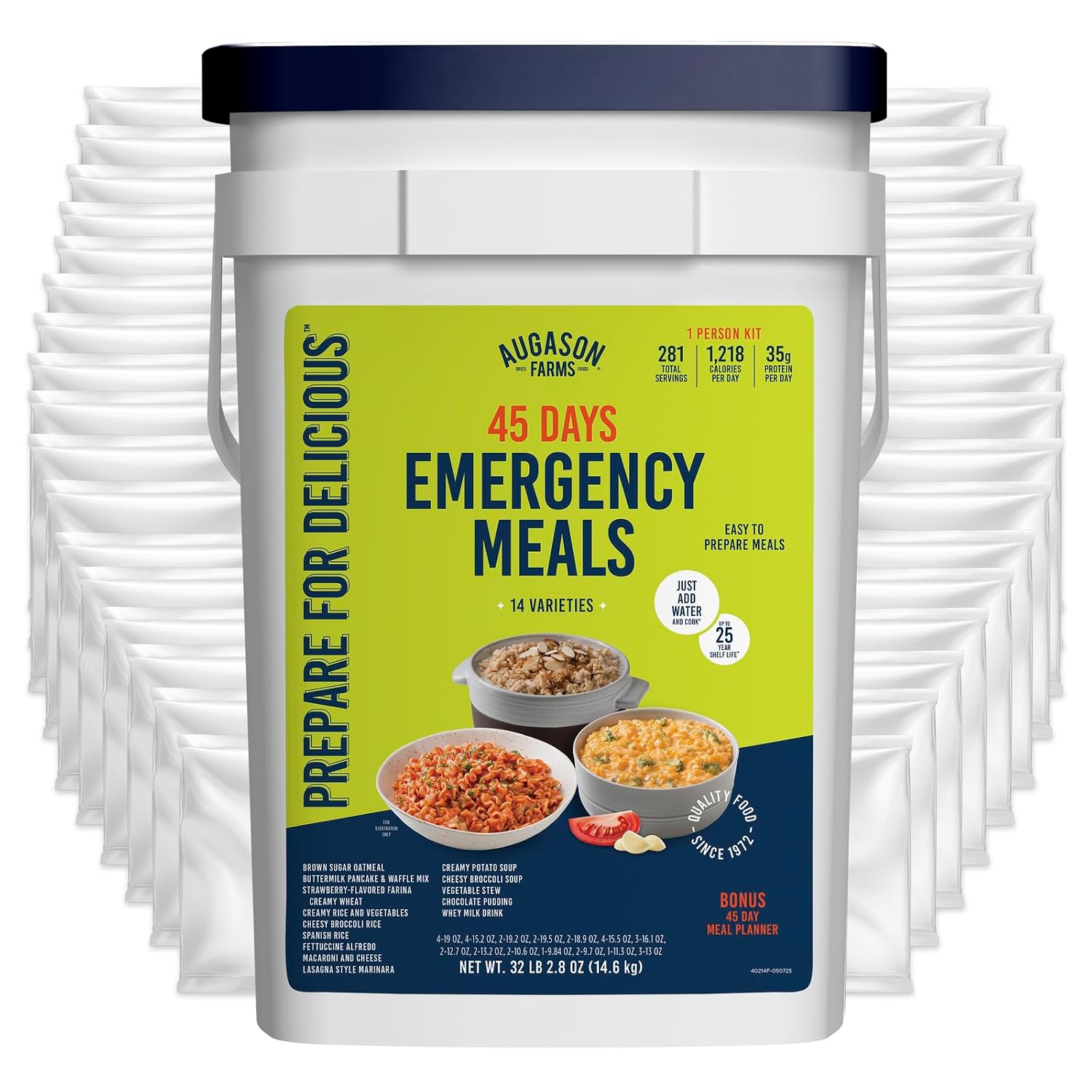 45 Day Emergency Food Supply Kit | Dehydrated Meal Survival Food Bucket for 1 Person, 281 Servings