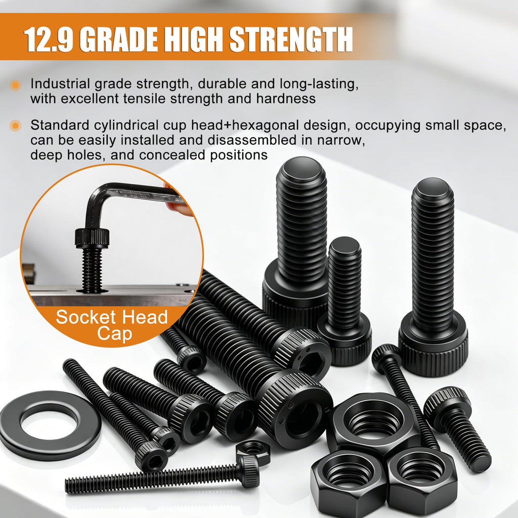 2000PCS Metric Screw Bolt Assortment Kit M2/M3/M4/M5/M6 Hex Socket Head Cap Bolts Nuts & Washers Set 12.9 Grade Alloy
