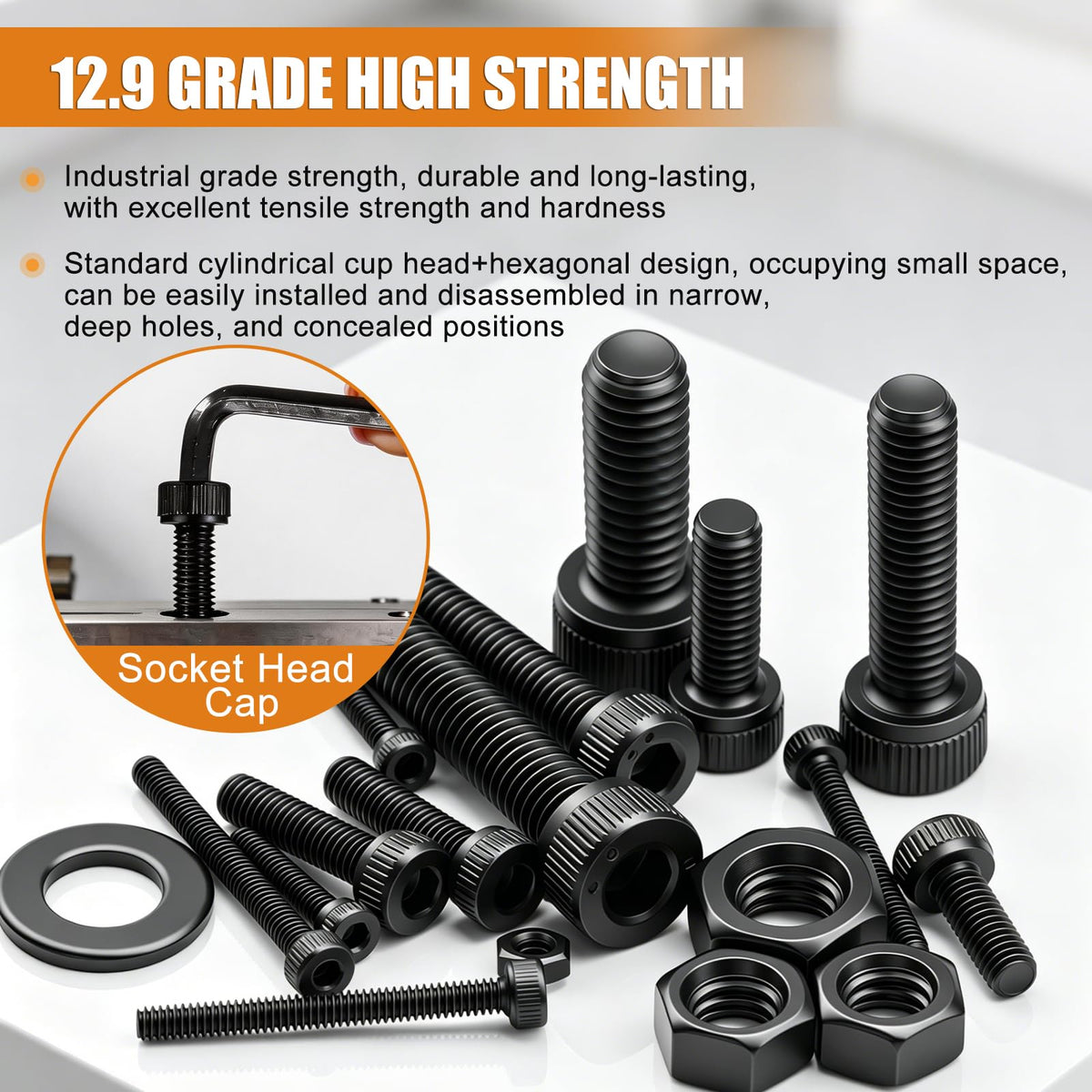2000PCS Metric Screw Bolt Assortment Kit M2/M3/M4/M5/M6 Hex Socket Head Cap Bolts Nuts & Washers Set 12.9 Grade Alloy
