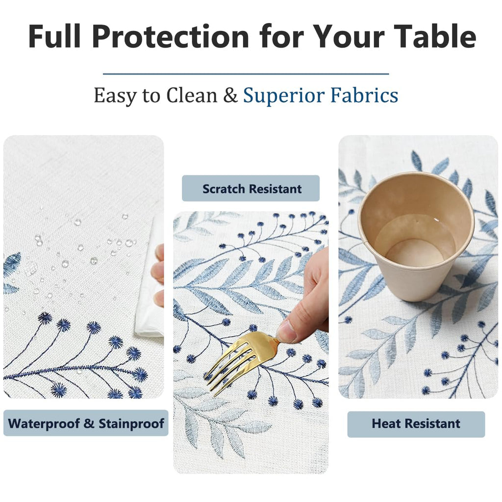 Linen Style Embroidered Tablecloth 55"x71" Rectangle Blue