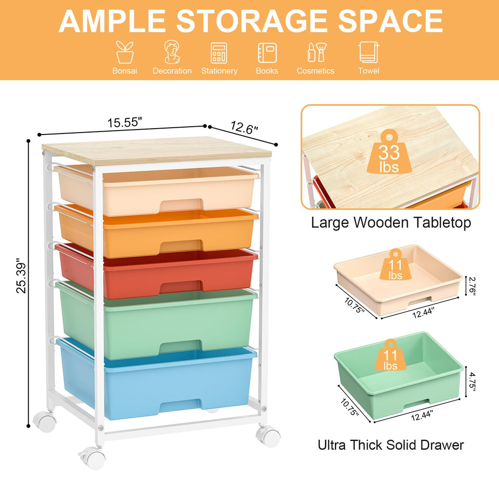 Utility Cart with Drawers,5 Drawers Storage Cart,Macaron
