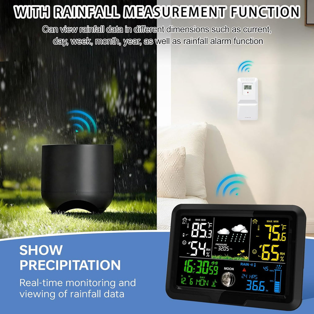 Digital Wireless Rain Gauge Outdoor, Home Weather Station Wireless Indoor Outdoor with Self-Emptying Rain Gauge