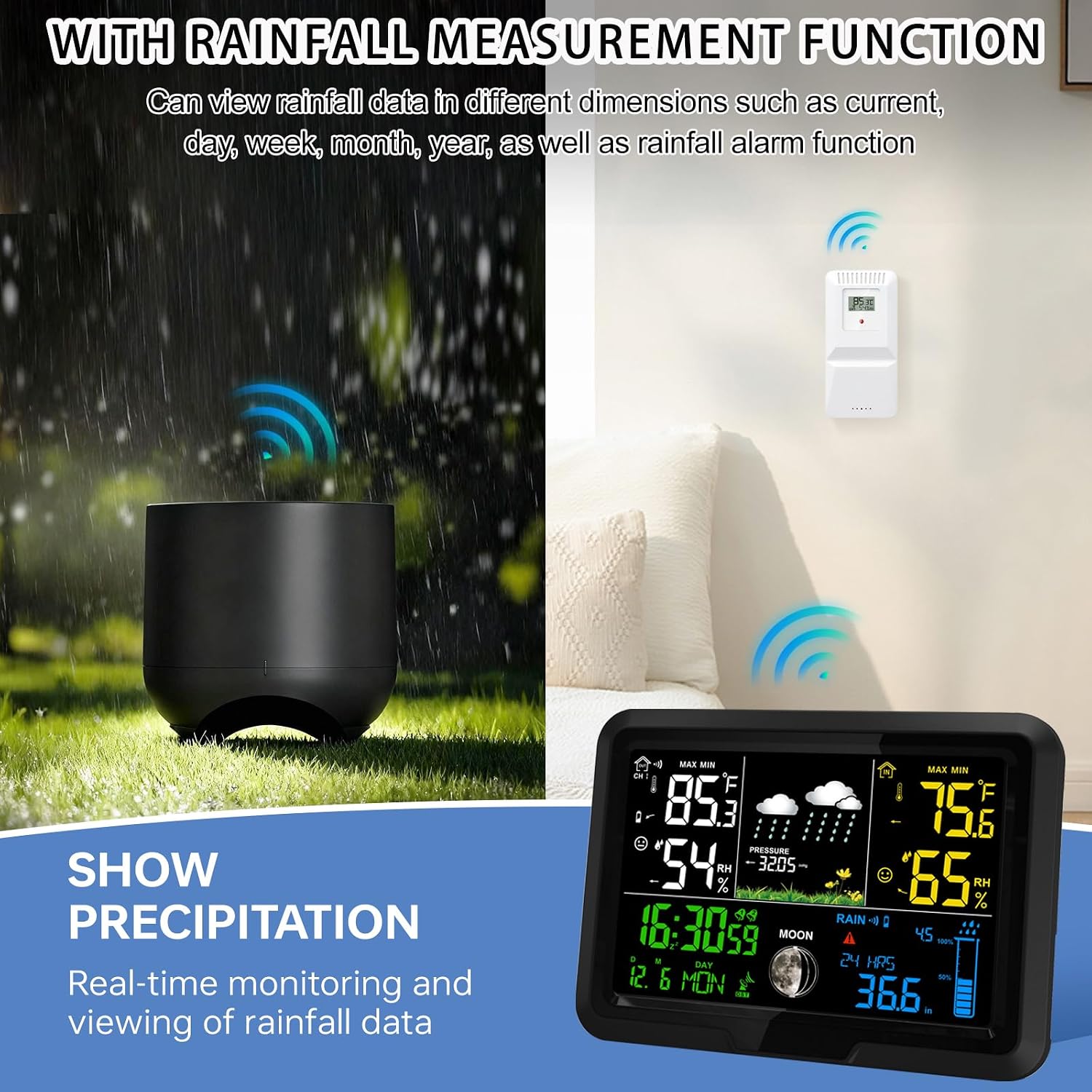 Digital Wireless Rain Gauge Outdoor, Home Weather Station Wireless Indoor Outdoor with Self-Emptying Rain Gauge