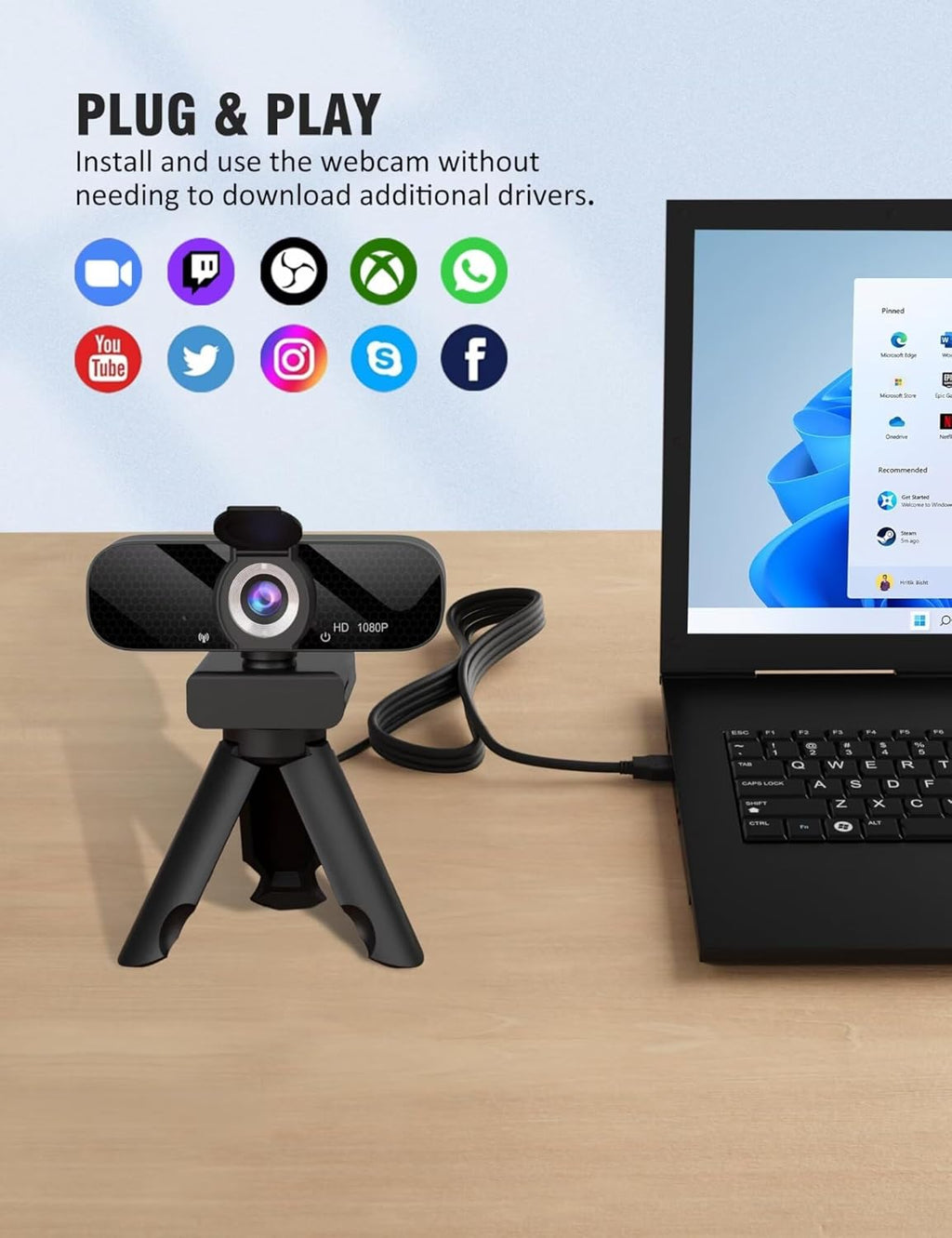 Full HD Webcam with Built-in Microphone and Rotatable Tripod, 1080P Video and Wide Angle Camera, Privacy Cover
