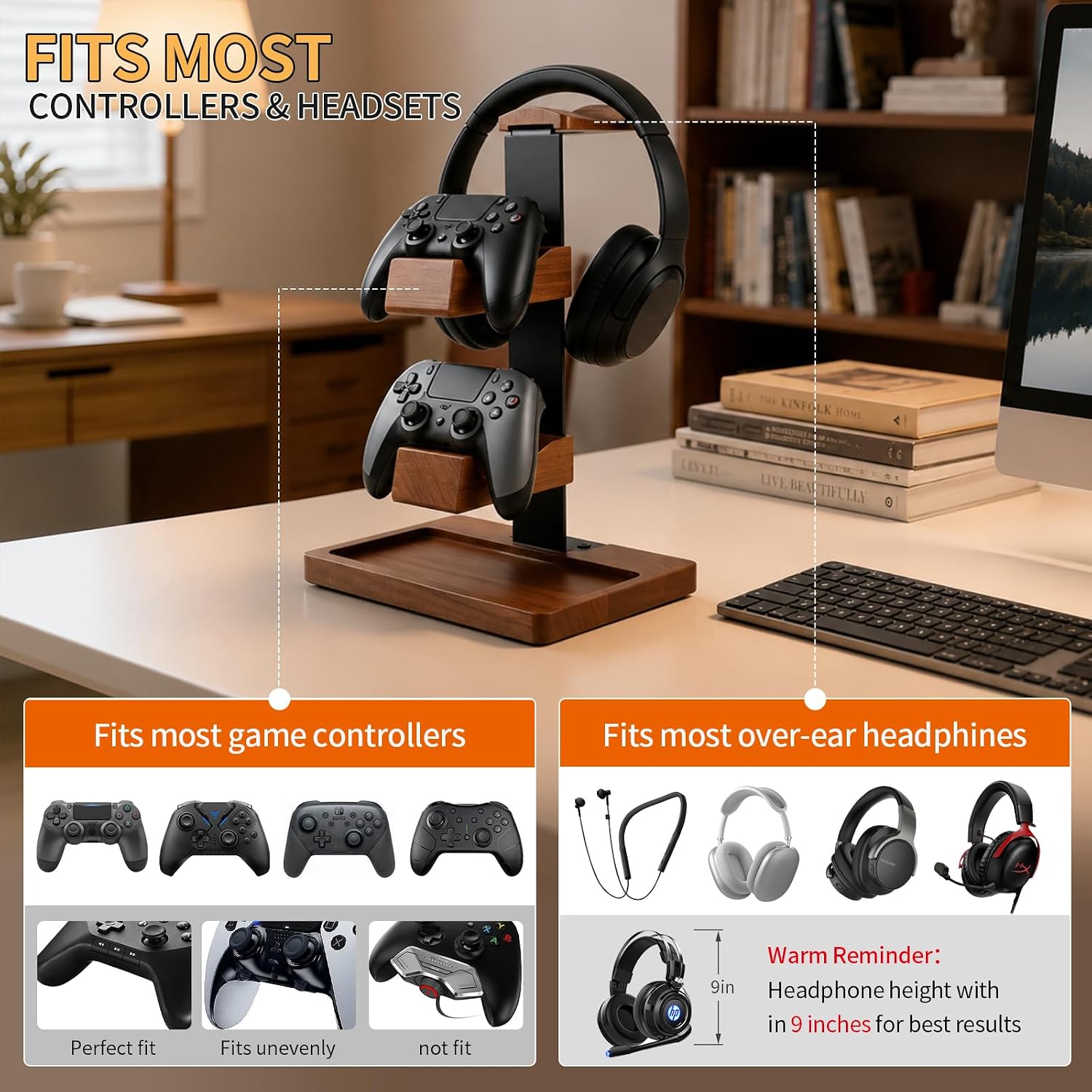 Headset Stand with Gaming Controller Holder, Wood Headphone Stand with Storage Base, Gaming Equipment Accessories for