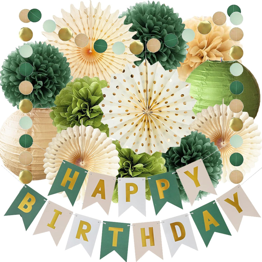 Green Birthday Party Decorations Olive Green Birthday Cream Tissue Pom Poms Paper Lanterns Circle Garland Hanging