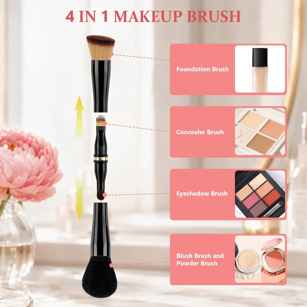 Travel Makeup Brush Set with Case, 4-in-1 Double-Ended Brush