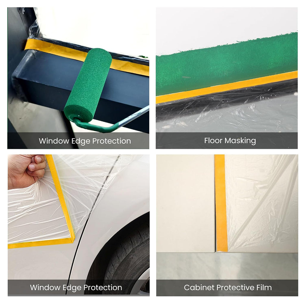 Pre-Taped Masking Film with Dispenser, Painters Tape with Plastic Attached, Automotive Painters Tape and Drape for