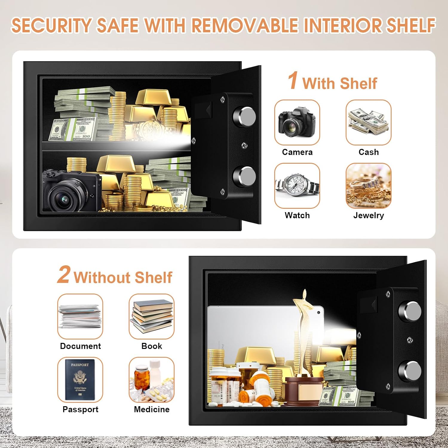 1.2 Cub Small Fireproof Safes for Home, Digital Home Safe Fireproof Waterproof with Programmable Keypad, Spare Keys