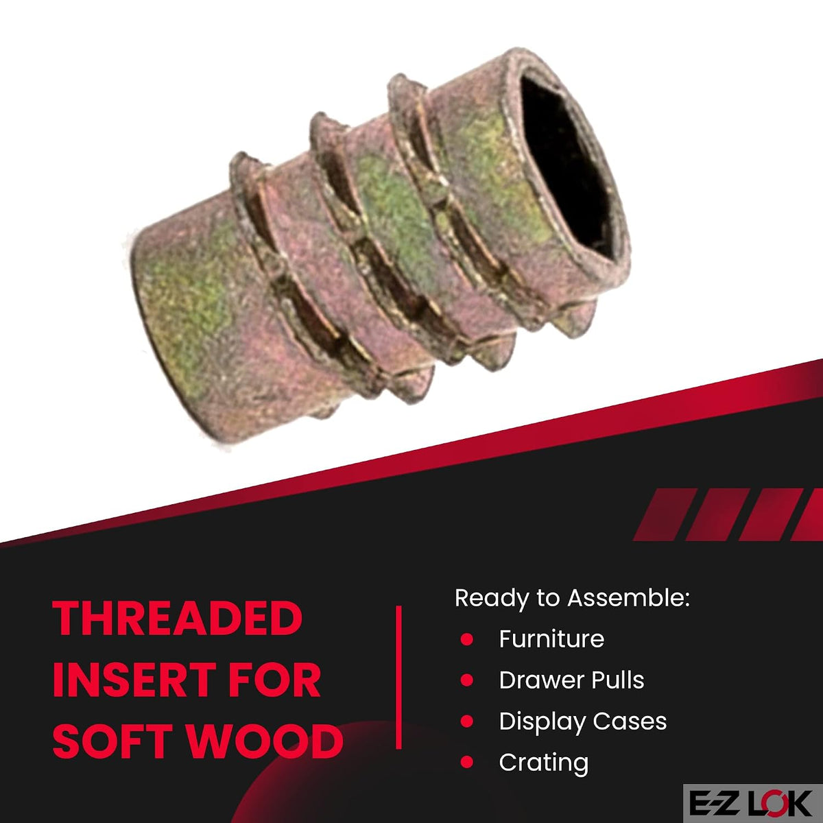 E-Z LOK Knife Thread Insert for Soft Wood, Hex Flush, 8-32, 10mm, 100 ct