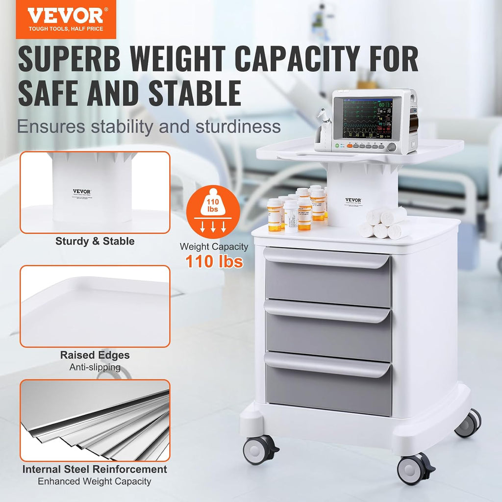 Medical Cart with 3 Drawers and Top Tray, 4-Tier Rolling Utility Cart | Mobile Medical Trolley with ABS Material