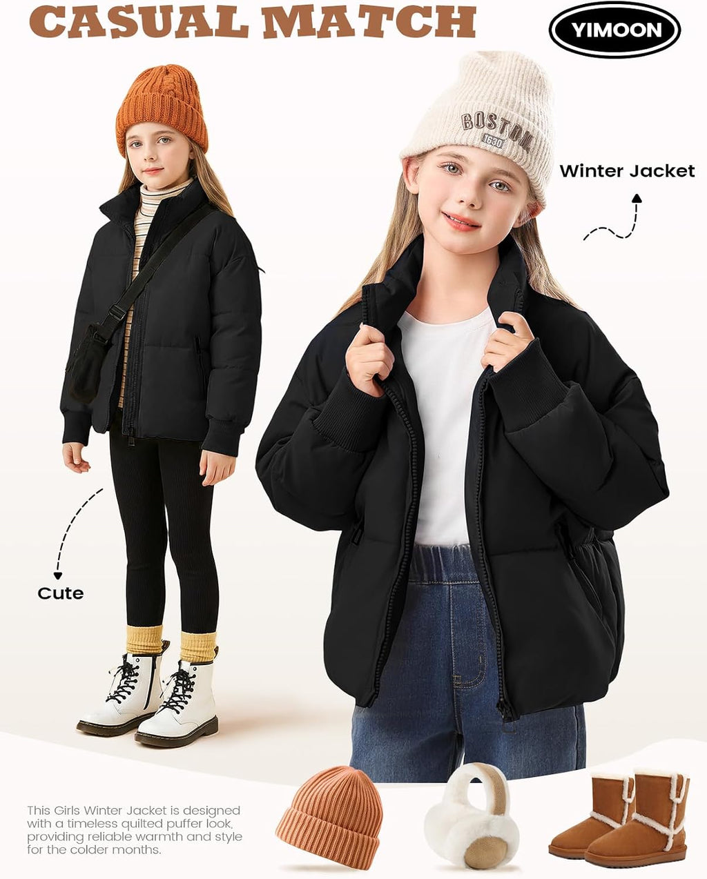 Girls Winter Puffer Jacket Kids Warm Quilted Puffer Coat | Zip Up, Stand Collar, Long Sleeve, Cropped Puffy Jacket