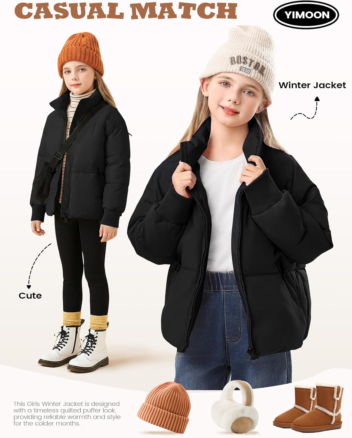 Girls Winter Puffer Jacket Kids Warm Quilted Puffer Coat | Zip Up, Stand Collar, Long Sleeve, Cropped Puffy Jacket