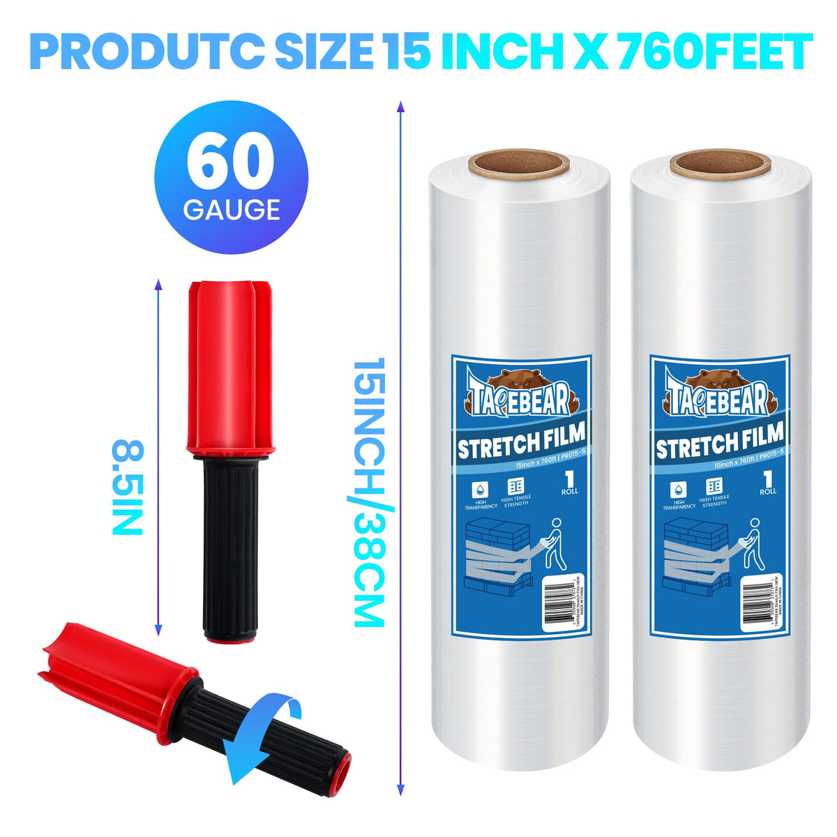 Stretch Wrap Film with Handles 15" x 760Ft Shrink Wrap