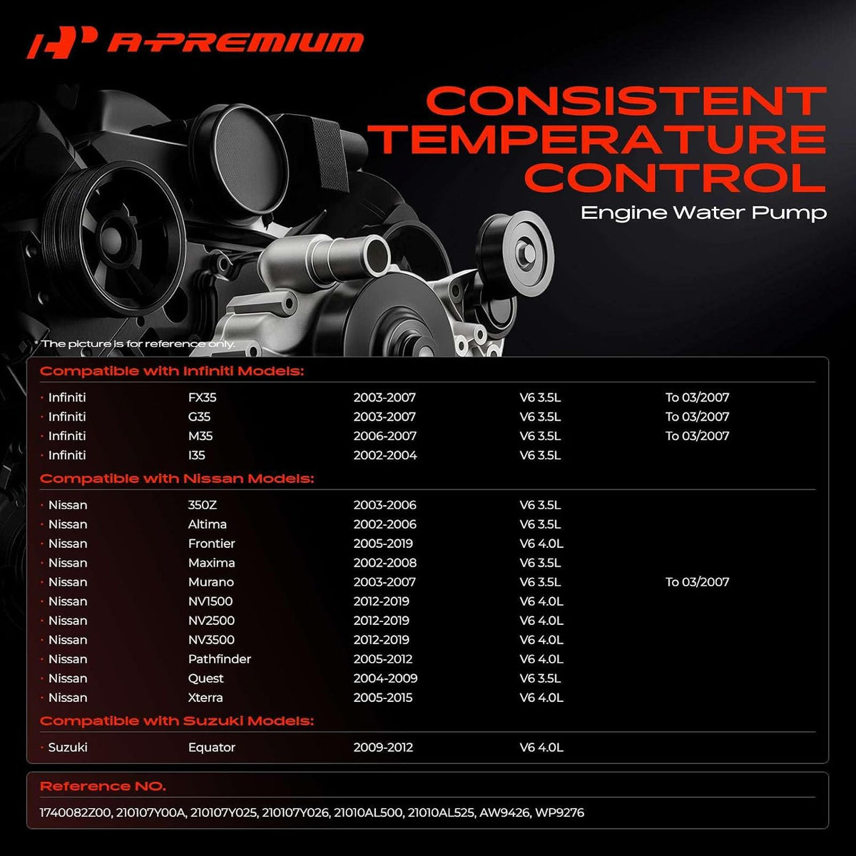 A-Premium Engine Water Pump (V6 3.5L 4.0L) Compatible with Nissan, Infiniti