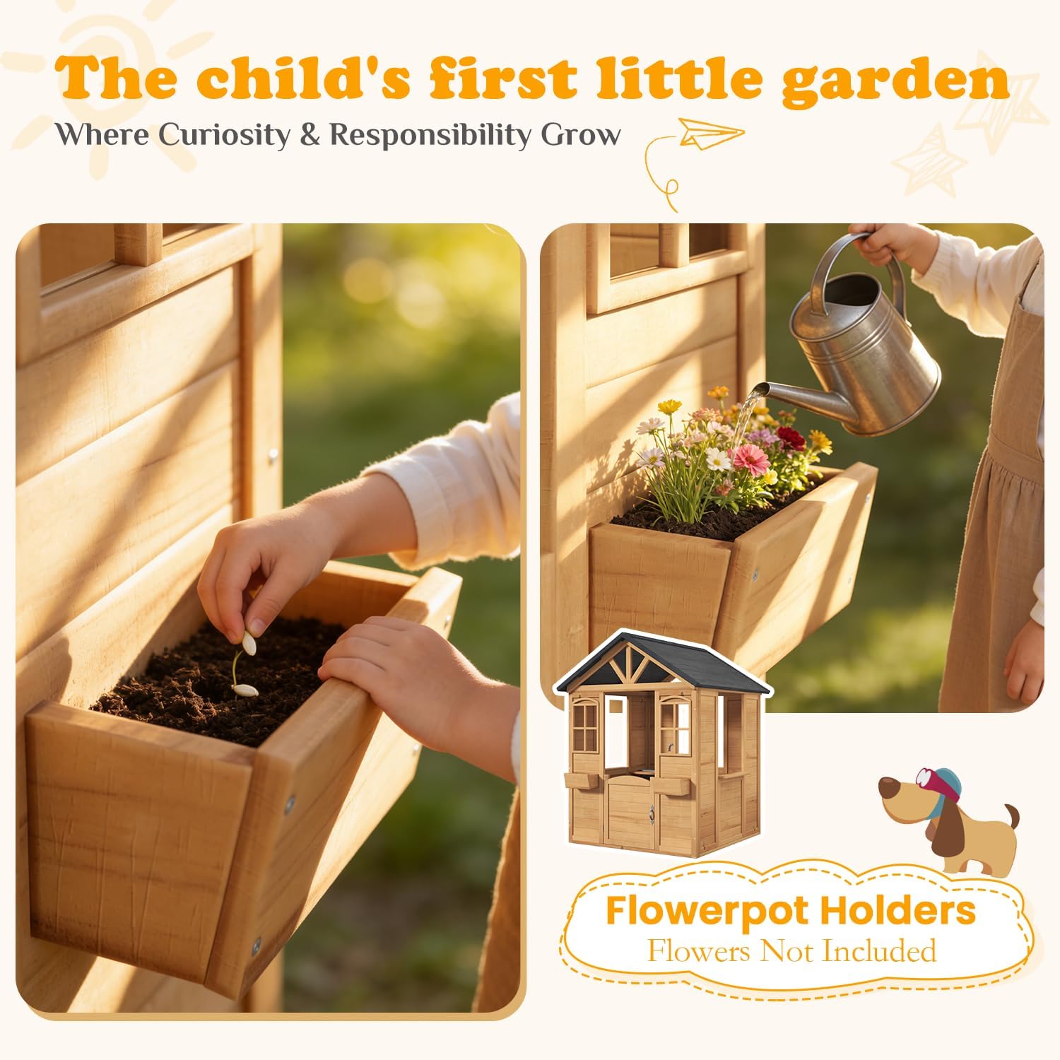 All Spruce Outdoor Kids Playhouse, Toddler Wooden Playhouse for Kids Ages 3-8, with Sink, Stove, Flower Pot Holders