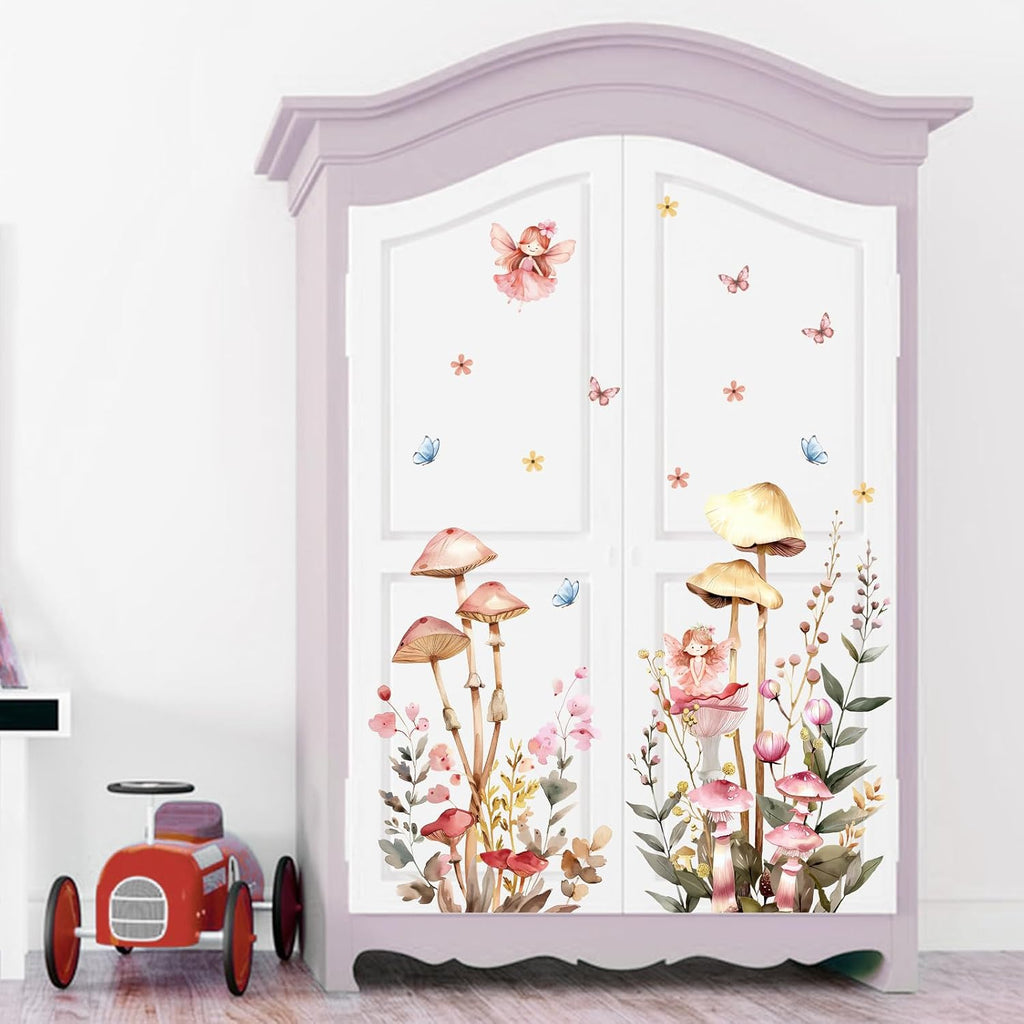 Fairy Mushroom Wall Decals for Nursery, Watercolor Floral Wall Stickers | with Butterflies and Flowers, Peel and