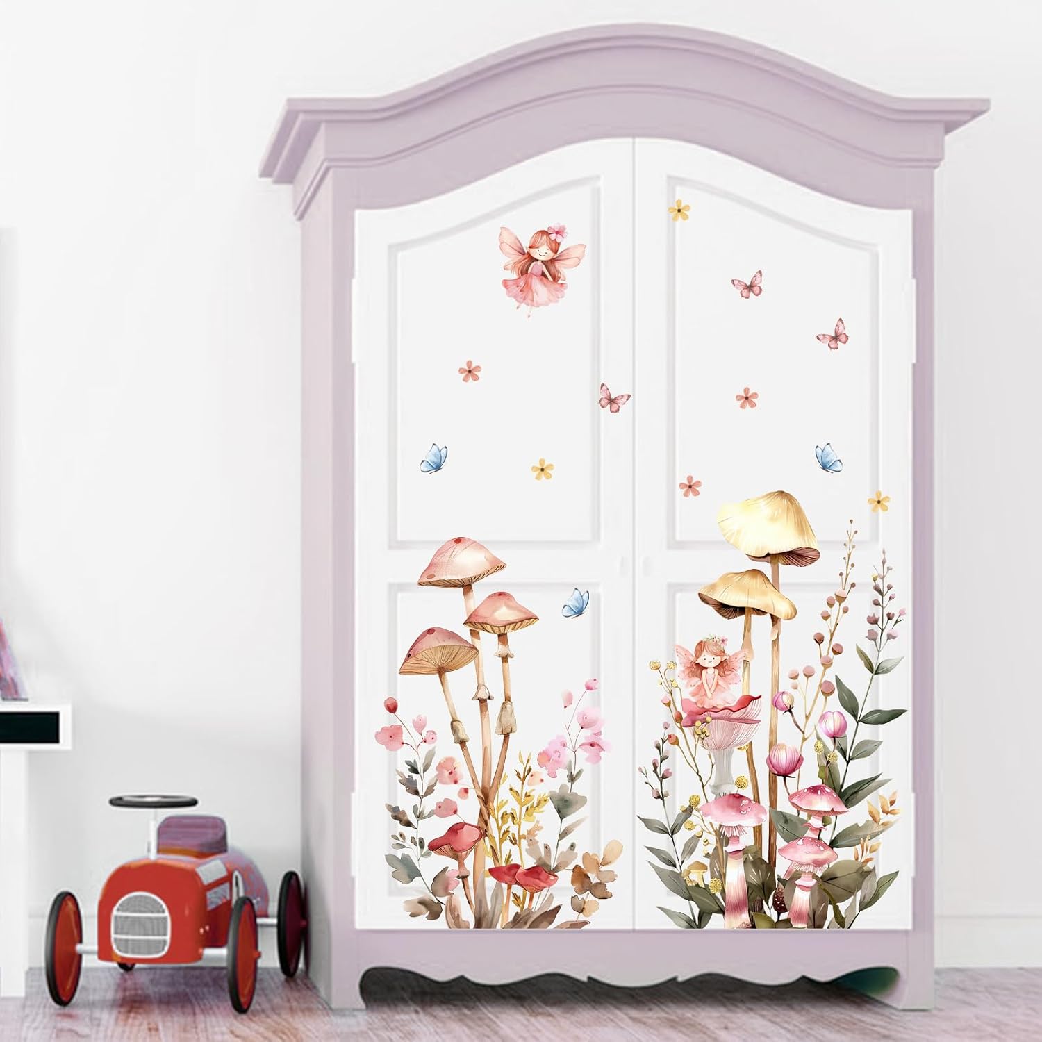 Fairy Mushroom Wall Decals for Nursery, Watercolor Floral Wall Stickers | with Butterflies and Flowers, Peel and