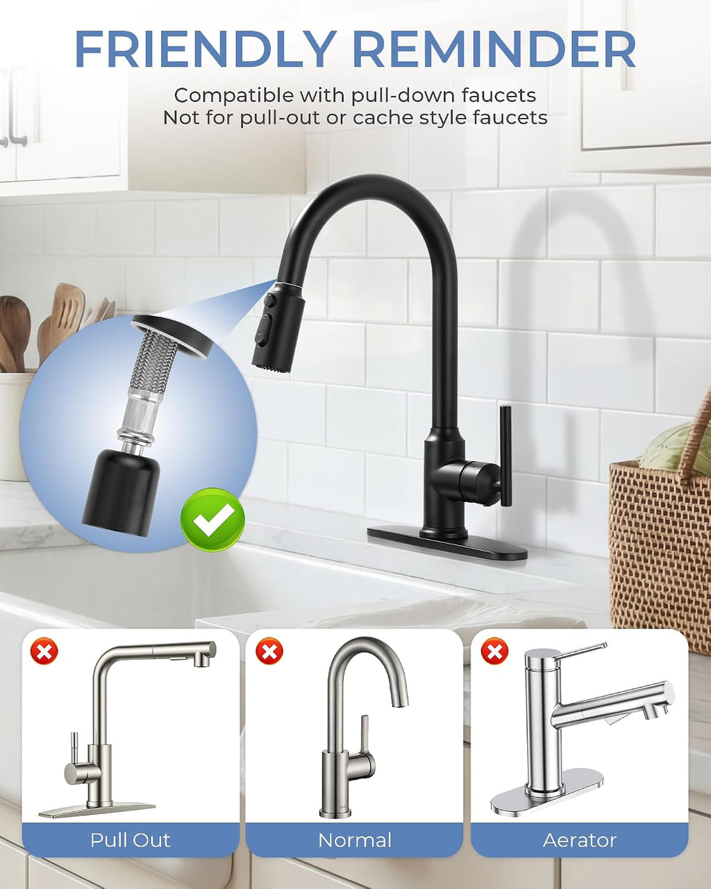Pull Down Faucet Sprayer Head Replacement, Black 3 Function Pull Out Spray Head Nozzle with 9 Adapters for Kitchen