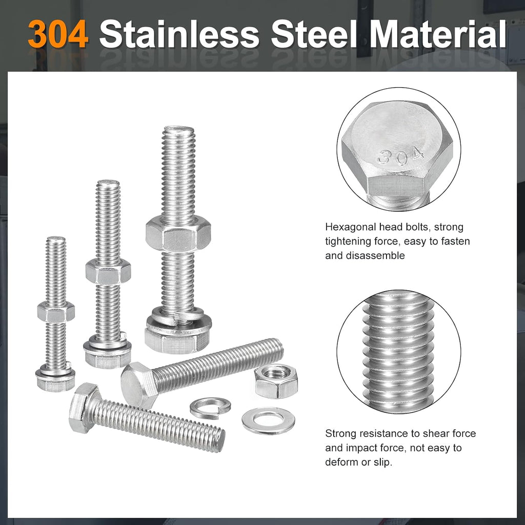 uxcell 20Set Hex Head Screw Bolt, 1/2-13 x 1-1/2" 304 Stainless Steel Fully Threaded Screw Bolt with Nuts, Flat & Lock Washers, Silver