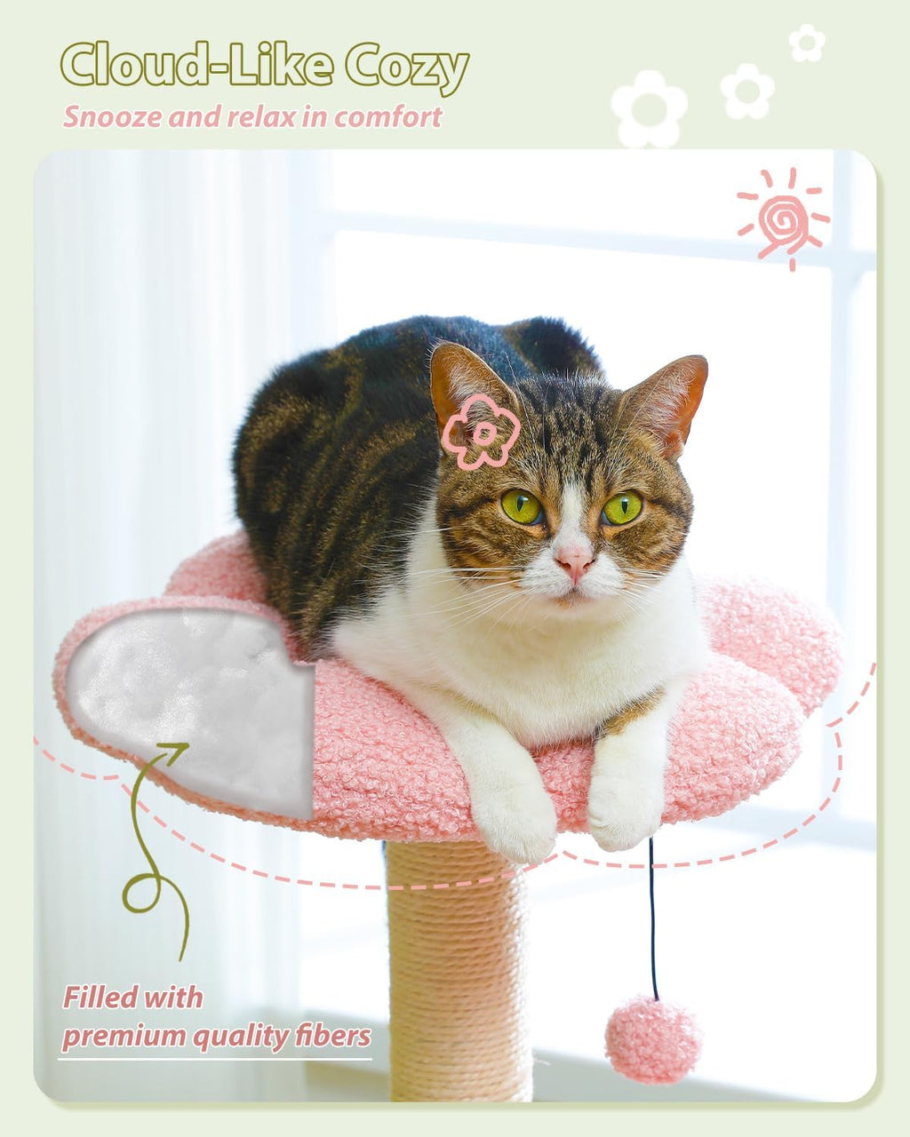 Flower Cat Tree with Large Metal Frame Hammock, 35" Cute Cat Tower with Sisal Scratching Posts for Small Indoor Cats