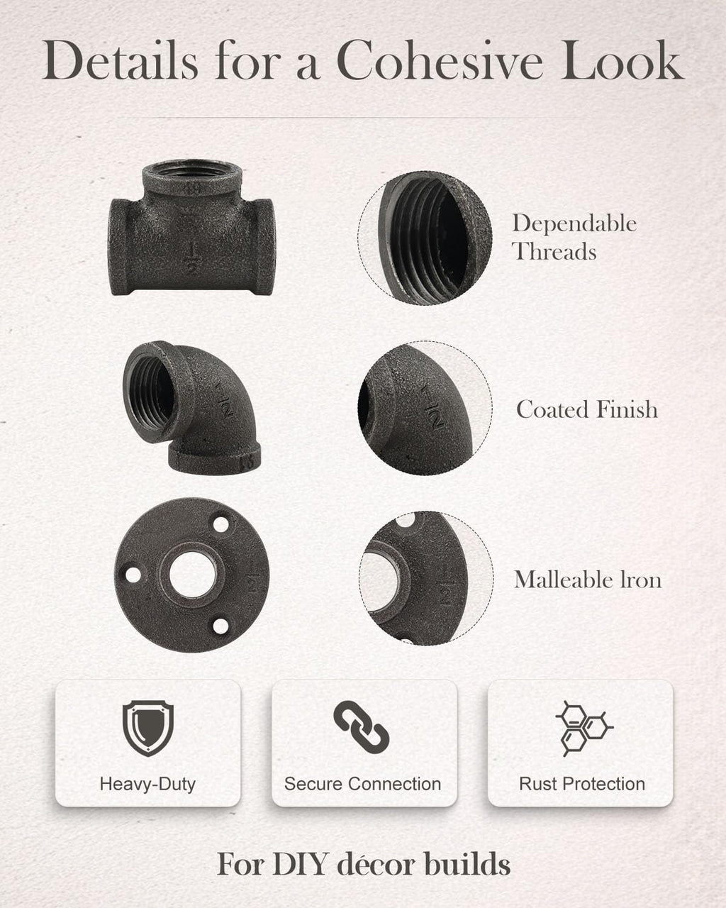 60 Pack 1/2 Inch Cast Iron Pipe Fittings with Elbows Tees Flanges
