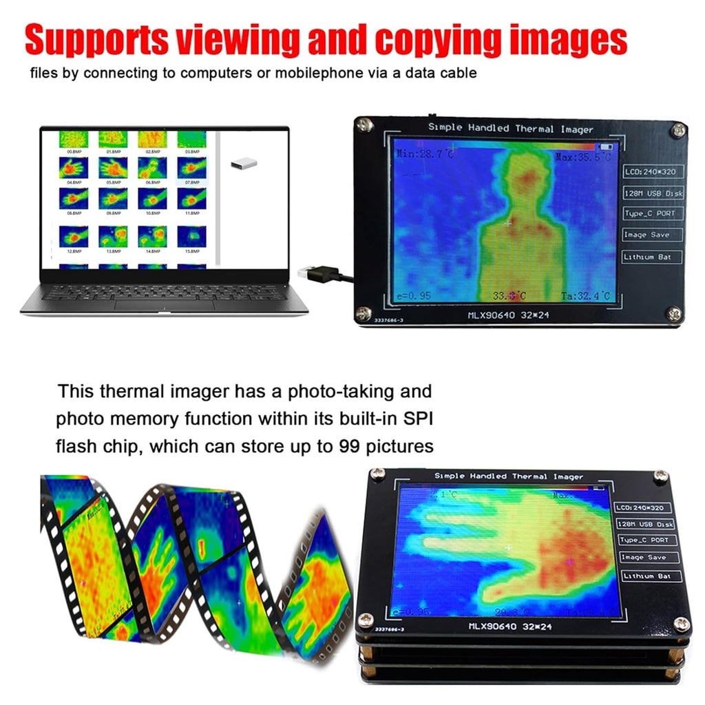 MLX90640 Digital Infrared Thermal Camera, Portable Thermal Imaging Camera, 2.8-inch LCD Display Buillt in Battery