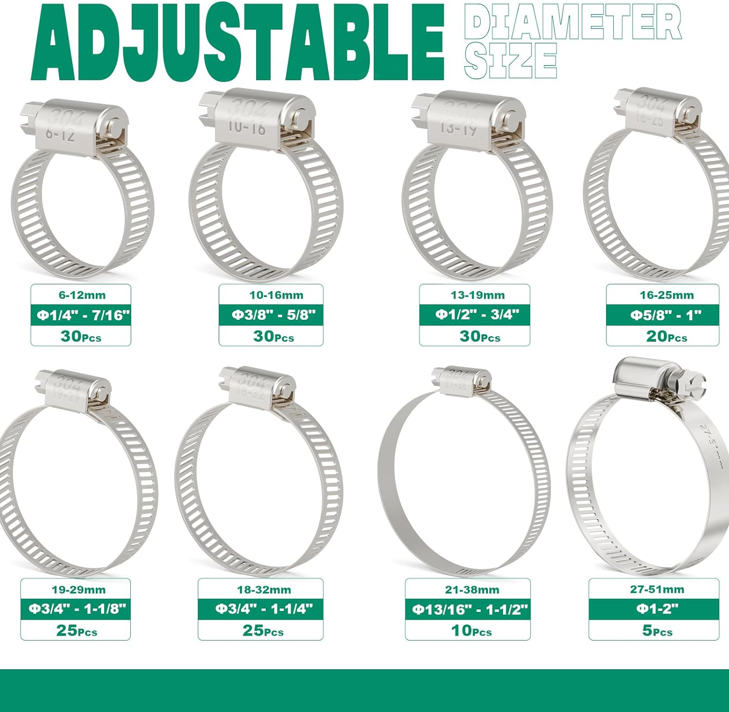 175PCS Hose Clamps Assortment Kit, Adjustable 1/4"-2"(6-51mm), 8 Sizes | 304 Stainless Steel, Rust Resistant, Worm