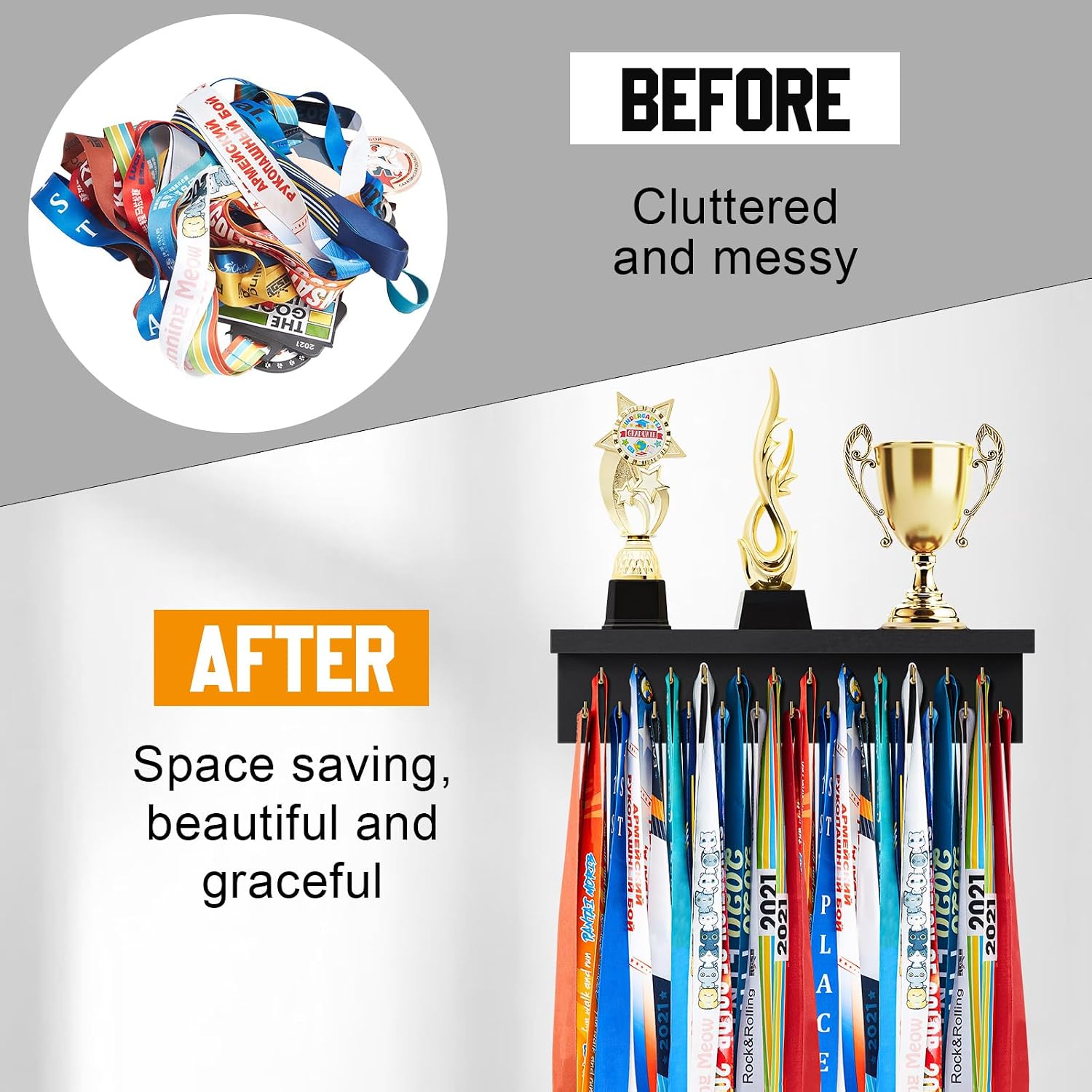 Wooden Medal Hanger Display Trophy Holder Shelf with 25/37/49/65/83 Hooks Wall Mount Ribbon Holder Gift for