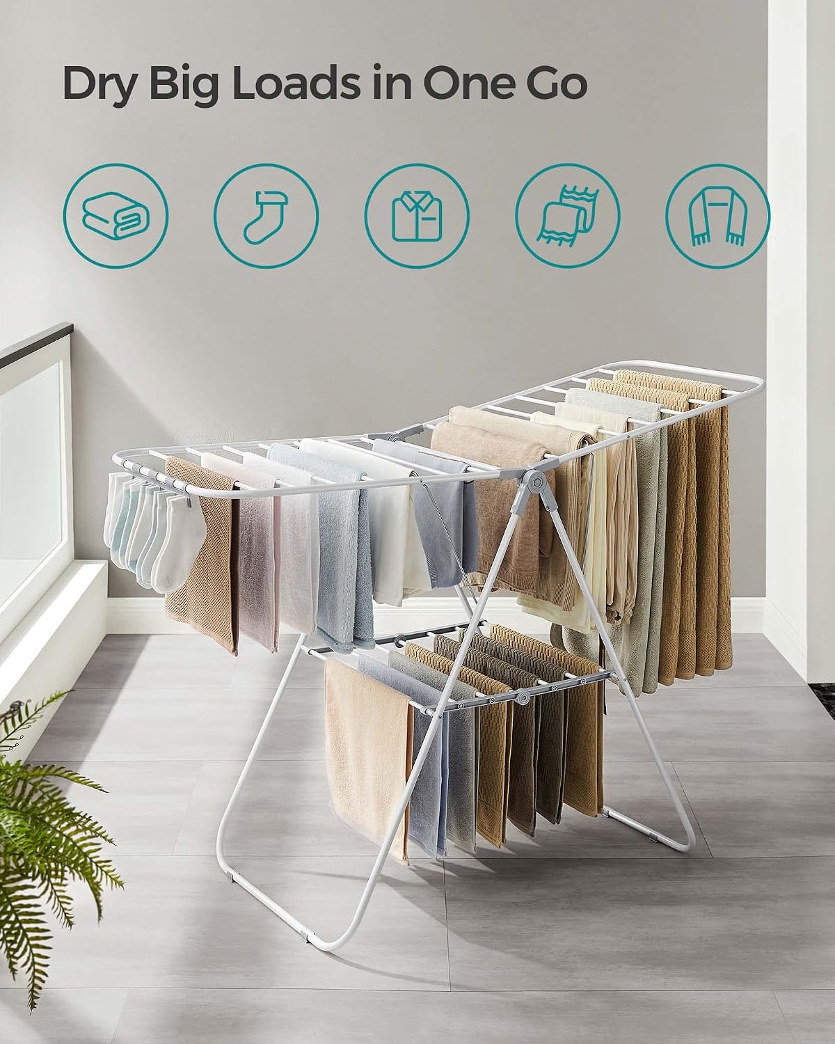 Clothes Drying Rack, with Sock Clips, Metal Laundry Rack, Foldable, Space-Saving, Free-Standing Airer, with 2