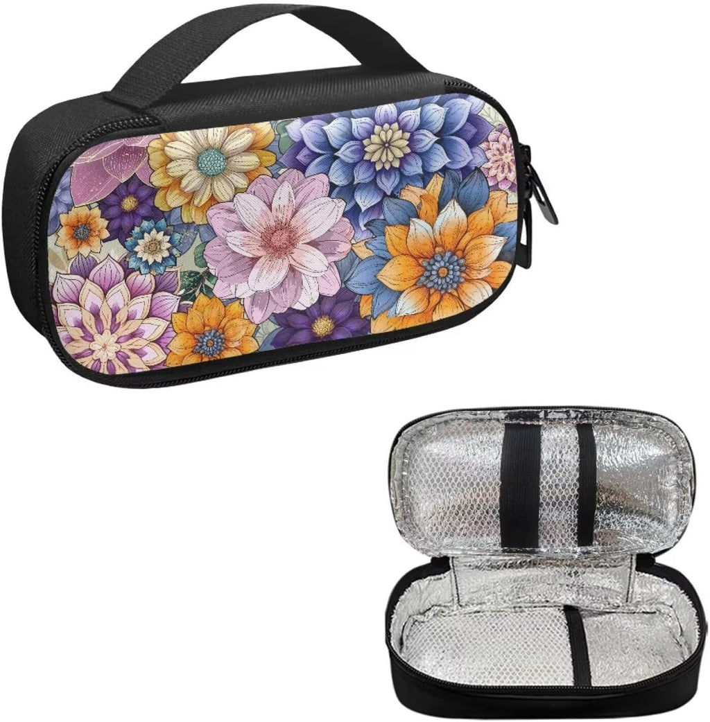 Bohemian Flower Diabetic Supplies Bag Carrying Case Organizer For Diabetes Testing Kit, Blood Glucose Monitor Kit