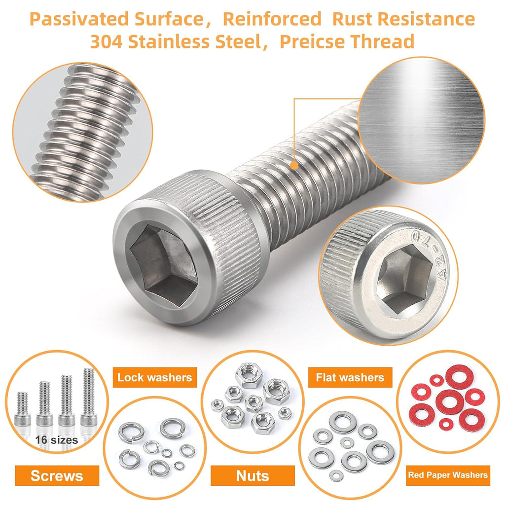 M2 M3 M4 M5 Nuts and Bolts, 304 Stainless Steel Metric Bolt Assortment (Lock & Flat Washers),Metric Screw Assortment