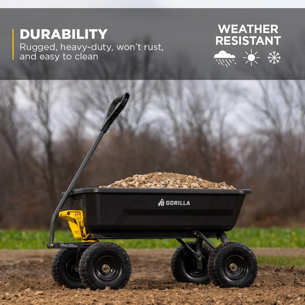 Heavy-Duty Dump Cart, Patented Quick-Release Dumping, Steel Frame, 600 lb Capacity, No-Flat 10-Inch Tires, Utility