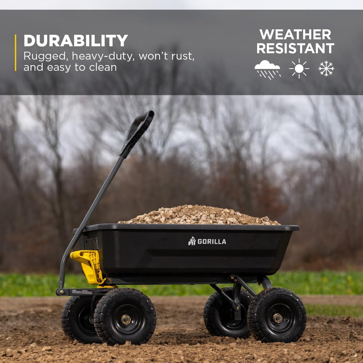 Heavy-Duty Dump Cart, Patented Quick-Release Dumping, Steel Frame, 600 lb Capacity, No-Flat 10-Inch Tires, Utility
