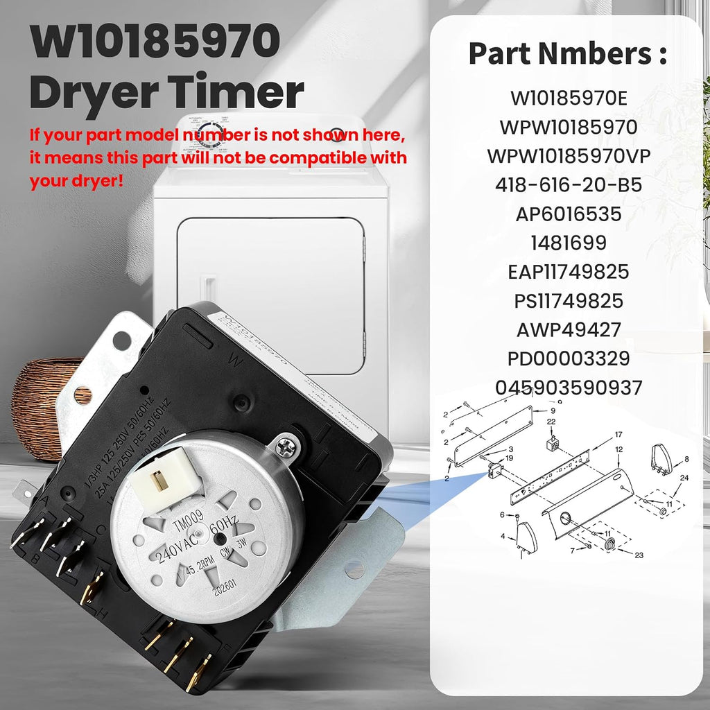 W10185970 Dryer Timer Compatible with Whirlpool Dryer WED5000VQ1 WED5590VQ1
