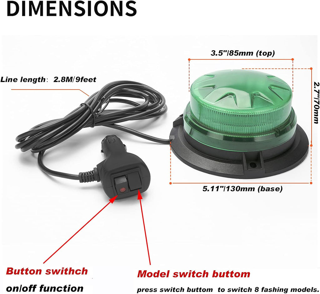 Green Led Emergency Strobe Beacon Lights for Car Vehicles 12V 24V 24-LEDs | Magnetic Mount, 8 Flash Model, Warning